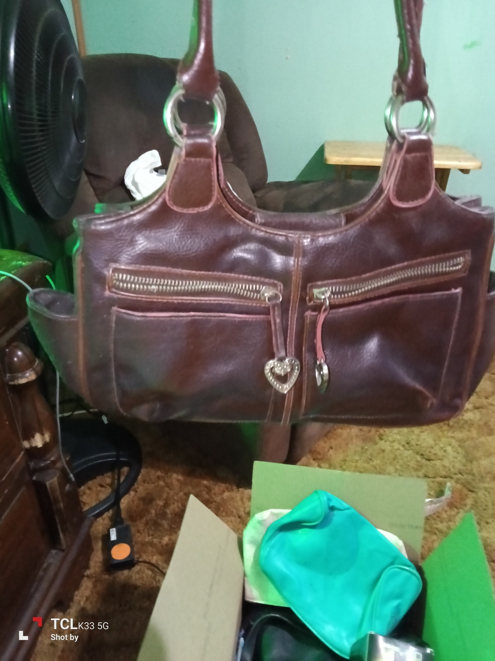 Women’s Brown Leather Shoulder Bag with Heart Charm